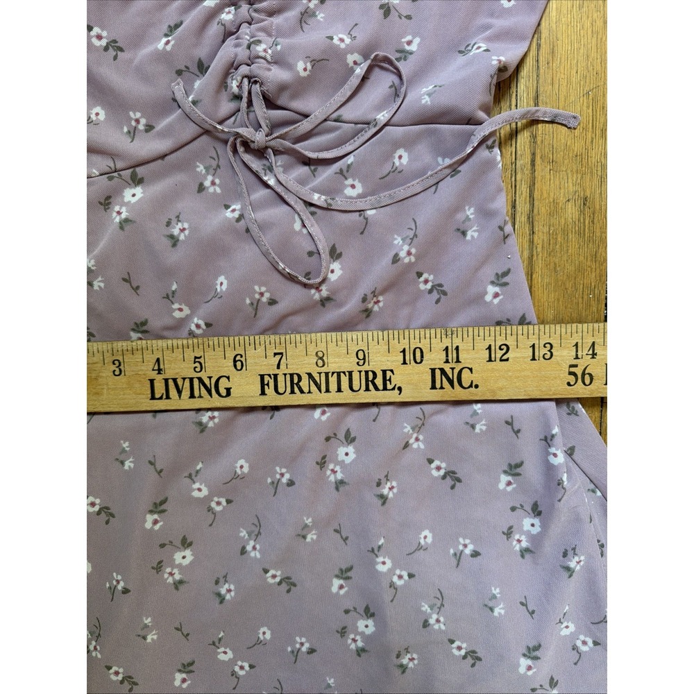 Hollister Floral Summer Mini Dress XS Lavender Tie Front Ruched Semi Sheer Boho - Picture 13 of 13